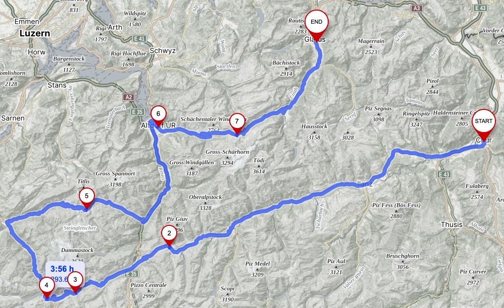 Map of the optional route from Chur via Oberalp, Furka, Grimsel, Susten, Altdorf and Klausen Pass to Glarus