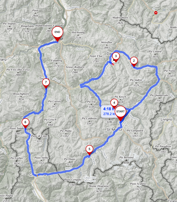 Detaljert kart over Day 5 fra Samedan via Flüela, Davos, Albula, Maloja, Splügen og Viamala til Chur